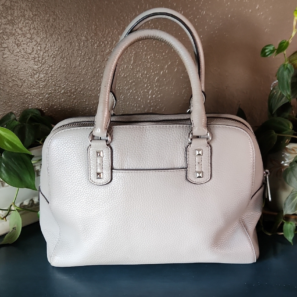 Michael Kors Sandrine Light Gray Studded Pebble Leather Satchel - Picture 3 of 14